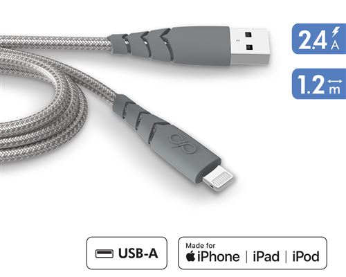 Câble Force Power Ultra-Renforcé USB A vers Lightning 1,2 m Gris