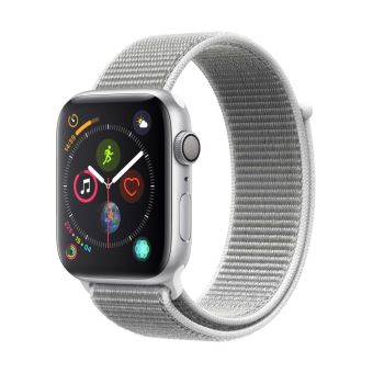 Apple Watch Series 4 44 mm Kast van zilverkleurig aluminium, met schelpenwit geweven sportbandje