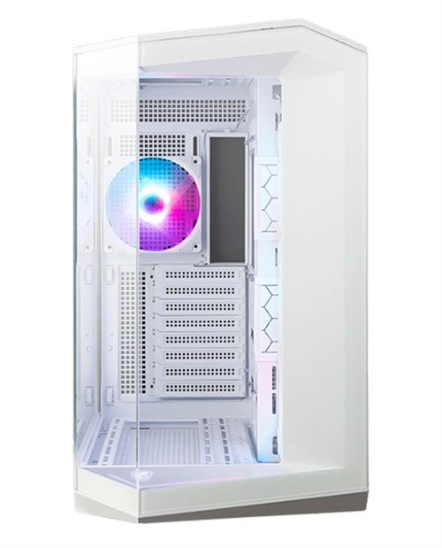 Boîtier PC gaming MSI MAG PANO 100R PZ moyen tour blanc ARGB avec panneau latéral et avant verre trempé
