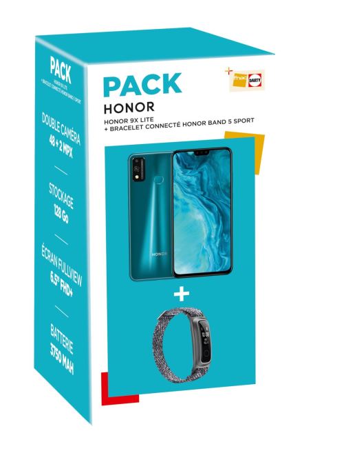 Pack Smartphone Honor 9X Lite 6.5 128 Go Double SIM Vert émeraude + Montre connecté Honor Band 5 Sport Gris glacier