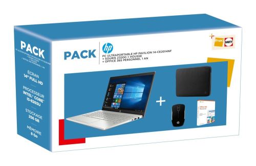 Pack Pc Portable Hp Pavilion 14-ce2014nf 14\" Intel Core I5 8 Go Ram 256 Go Ssd Argent + Souris + Housse Noir + Office 365 Personnel 1 An