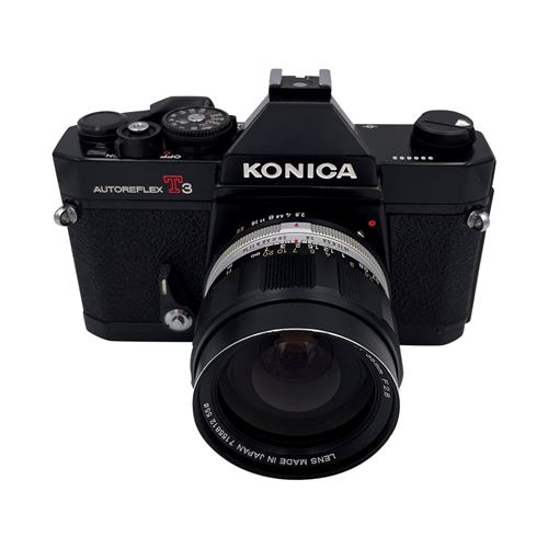 Appareil photo argentique Konica Autoreflex T3 35mm f2.8 Hexanon AR Noir Reconditionné