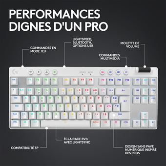 Clavier Gaming mécanique sans fil Azerty Logitech G PRO X TKL Lightspeed Blanc