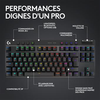 Clavier Gaming mécanique sans fil Azerty Logitech G PRO X TKL Lightspeed Noir