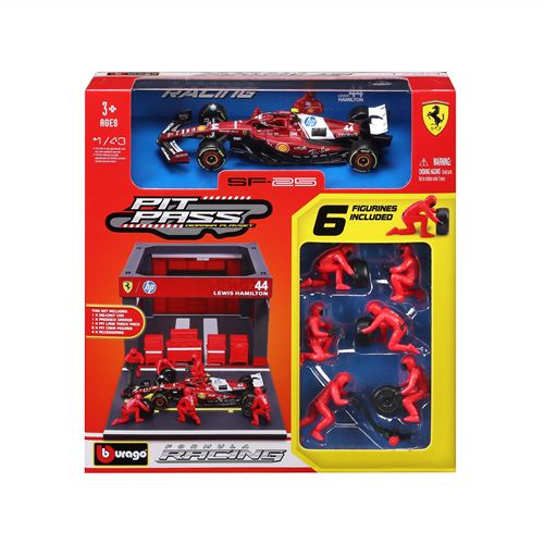 143 Bburago Pit Stop Ferrari SF 25 véhicule + figurines de mécaniciens + paddock + accessoires #44 Hamilton - vue 1