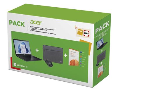 Mechanica markeerstift Naar Pack: Acer Aspire 3 Laptop A315-56-39QA 15,6" - 256 GB SSD, 8 GB RAM Zwart  + Draadloze Muis + Hoes + 1 jaar abonnement op Microsoft 365 Personal -  Frans AZERTY-toetsenbord - Fnac.be - Laptop