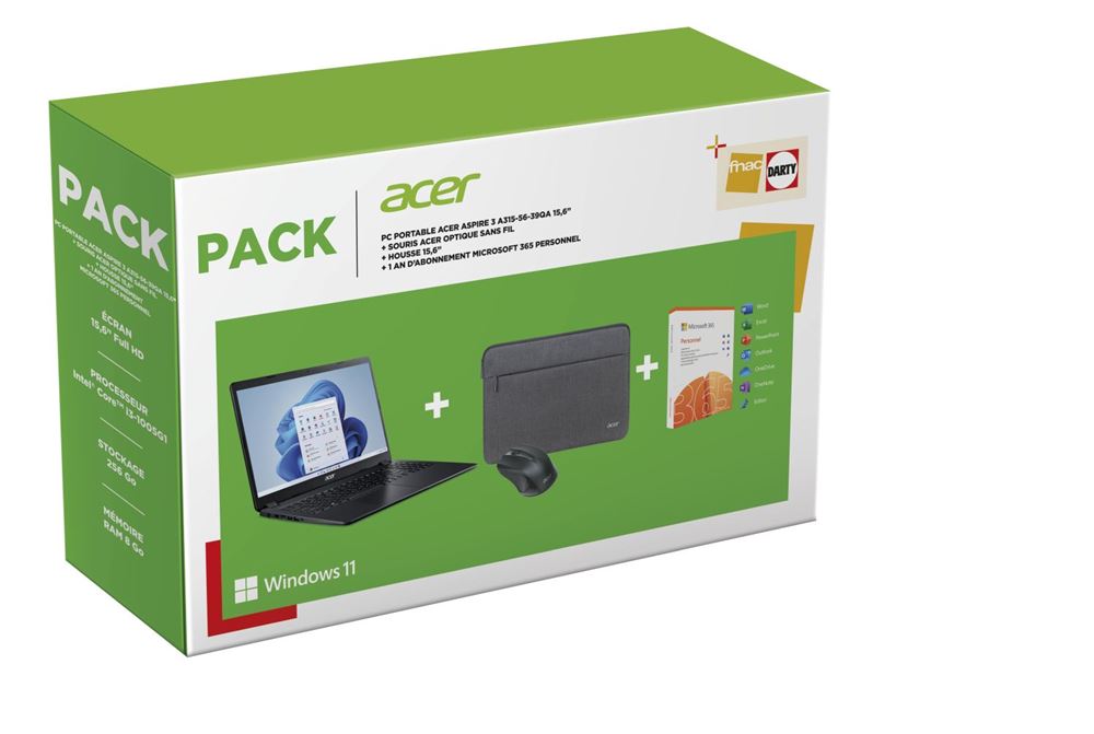 Pack: Acer Aspire 3 Laptop A315-56-39QA 15,6" - 256 GB SSD, 8 GB RAM Zwart + Draadloze Muis + Hoes + 1 jaar abonnement op 365 Personal - Frans AZERTY-toetsenbord - - Laptop