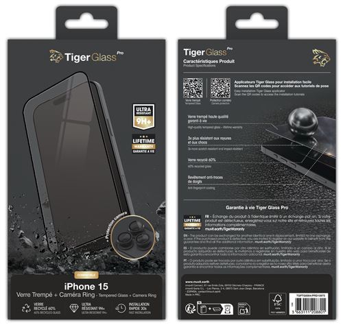 Pack TigerGlass Protection d'écran en verre trempé + Camera Ring pour iPhone 15