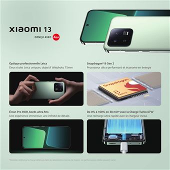 Xiaomi 13 - 5G smartphone - double SIM - RAM 8 Go / Mémoire interne 256 Go - écran OEL - 6.36" - 2400 x 1080 pixels (120 Hz) - 3 x caméras arrière 50 MP, 10 MP, 12 MP - front camera 32 MP - noir