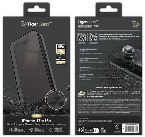 Pack Protège écran en verre trempé TigerGlass Pro + Caméra ring pour iPhone 17E et 16E