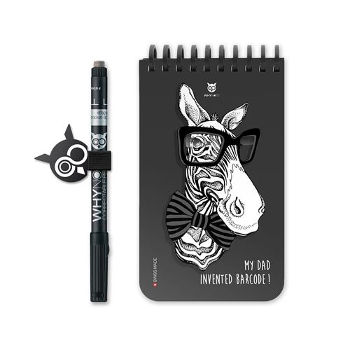 Carnet de poche Whynote Zèbre Noir avec un stylo et un porte stylo