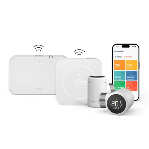 Thermostat connecté Tado Kit de démarrage Multiroom intelligent sans fil X 2e gén. Blanc + 2 Têtes thermostatiques intelligentes X