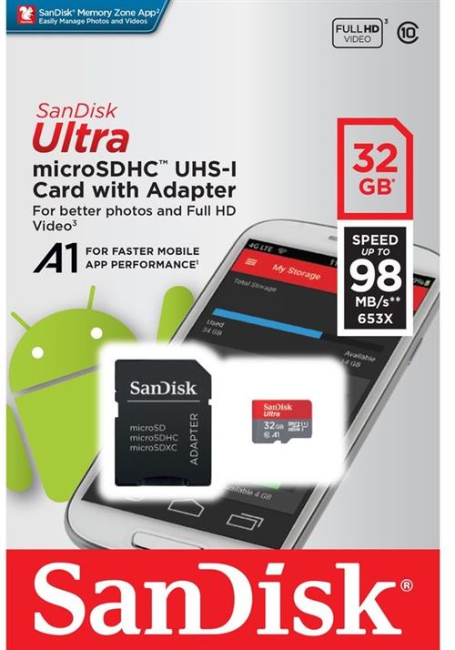 Carte Mémoire SanDisk Ultra Micro SDHC UHS-I 32 Go avec Adaptateur microSD, microSDHC et microSDXC