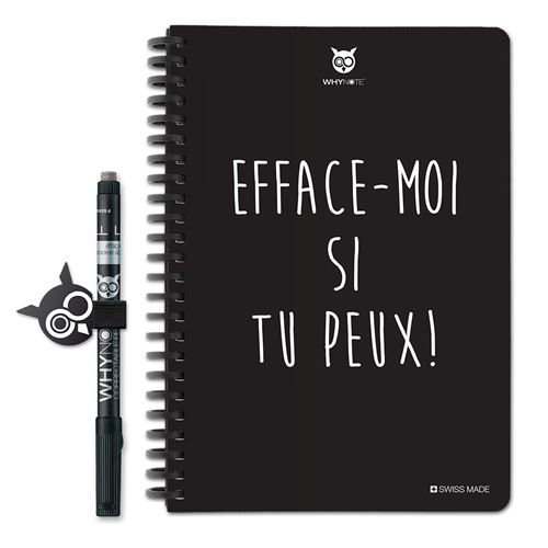 Carnet A5 Whynote Efface-moi Noir avec un stylo et un porte stylo