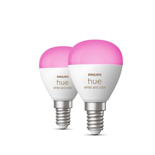 Pack de 2 ampoules connectées Sphérique Philips Hue White et Color Ambiance P45 E14 5,1 W Blanc
