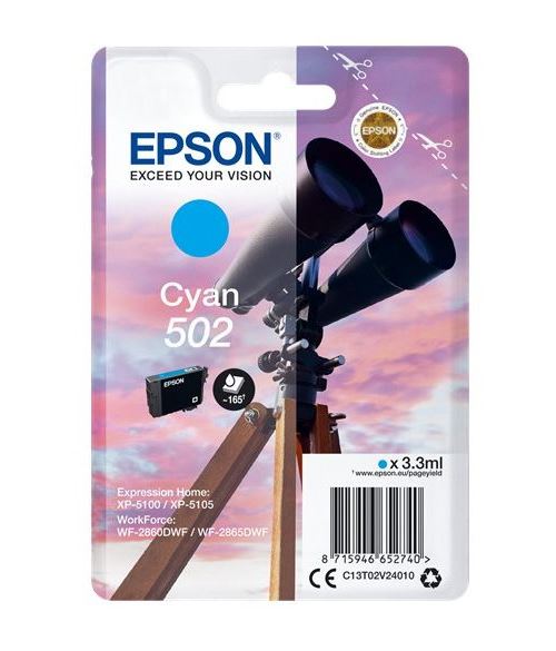 Epson 502 - 3.3 ml - cyan - original - blister - cartouche d'encre - pour Expression Home XP-5100, 5105, 5150, 5155; WorkForce WF-2860, 2865, 2880, 2885