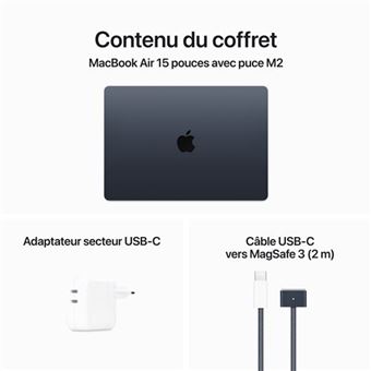 Apple MacBook Air 15.3'' 256 Go SSD 16 Go RAM Puce M2 CPU 10 coeurs GPU 10 coeurs Minuit Nouveau