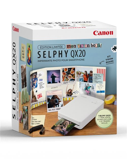Kit Imprimante Photo Canon Selphy Qx20 Blanc pour Smartphone + 1 Mini Vision Board Exclusif et 20 Tirages Inclus
