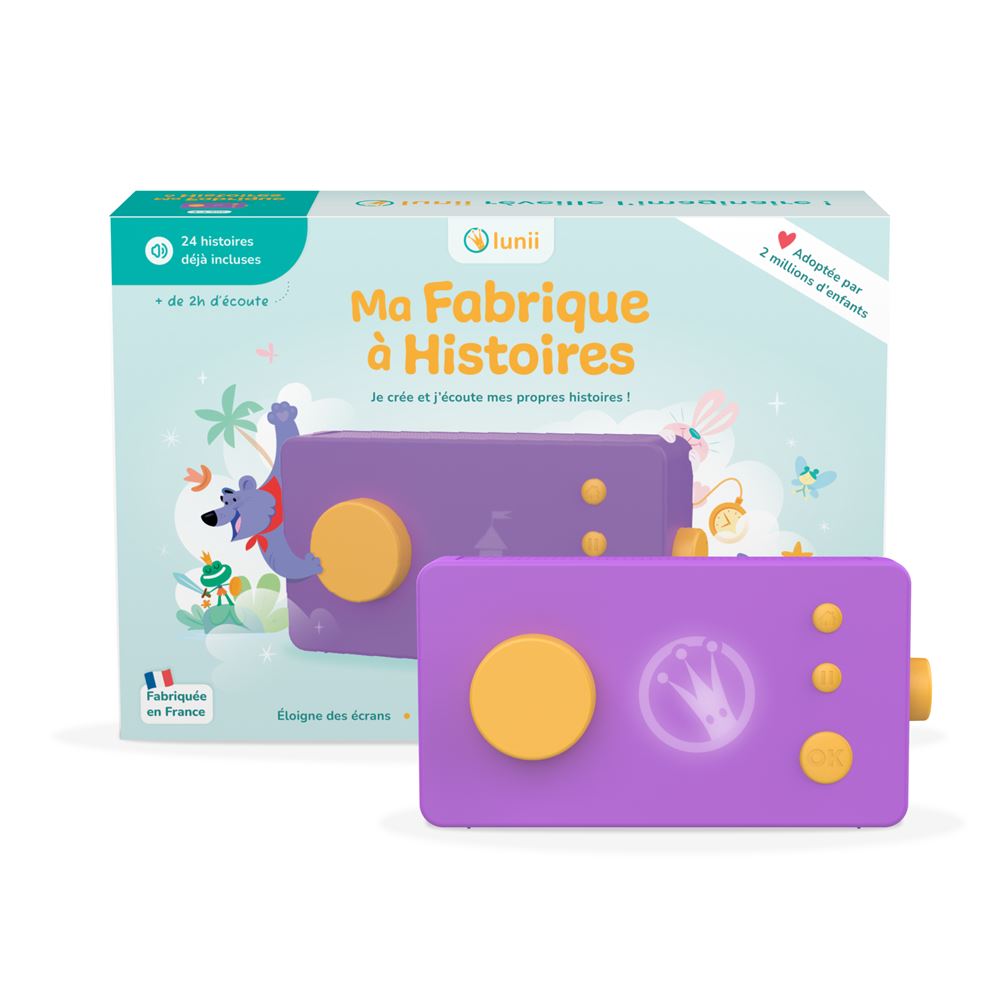 Lunii - Pack Ma Fabrique à Histoires Violette + Casque Audio Violet + Coque de Protection Violette + 2h30 d'histoires incluses à télécharger, Dès 3 à 8 Ans - Fabriquée en France