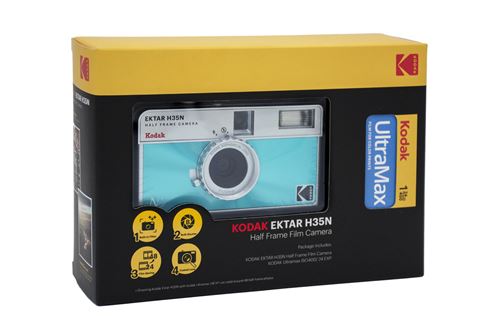 Appareil Photo Argentique Réutilisable Kodak Ektar H35 N Bleu et Argent + Film Kodak Ultramax 24 Poses