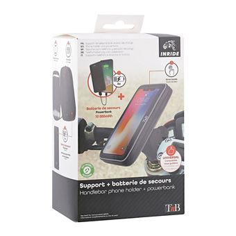 Support moto Coque Guidon T'n'b pour smartphone Inride + Station de charge 10 000 mAh Noir