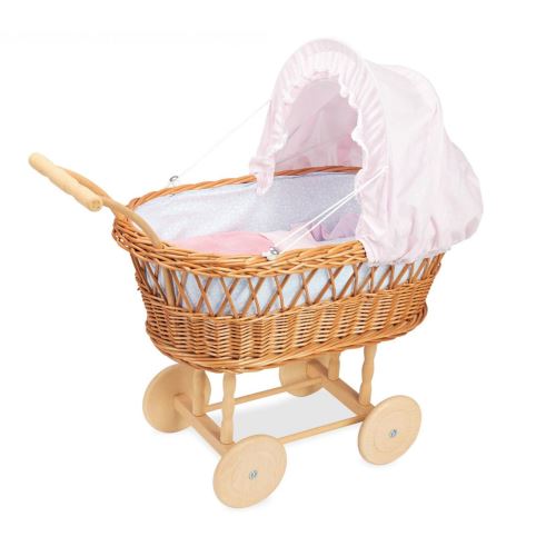 Landau en osier - Garnissage petites fleurs bleues et blanches Petitcollin