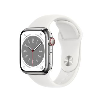 Apple Watch Series 8 GPS + Cellular, boîtier Acier inoxydable argent 41mm avec Bracelet Blanc