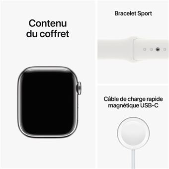 Apple Watch Series 8 GPS + Cellular, boîtier Acier inoxydable argent 41mm avec Bracelet Blanc