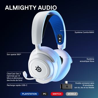 Casque Micro Gaming sans fil SteelSeries Arctis Nova 7P pour PS PC Mac Nintendo Switch Oculus Quest 2 et Android Blanc