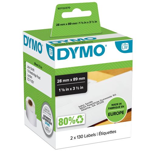 Pack de 2 rouleaux d étiquettes d’adresse standard Dymo LabelWriter Blanc
