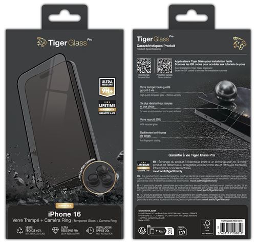 Pack TigerGlass Protection d'écran en verre trempé + Camera Ring pour iPhone