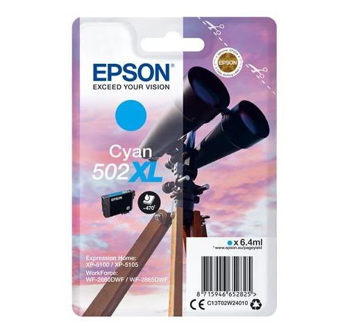 Epson 502XL - 6.4 ml - haute capacité - cyan - original - blister - cartouche d'encre - pour Expression Home XP-5100, 5105, 5150, 5155; WorkForce WF-2860, 2865, 2880, 2885