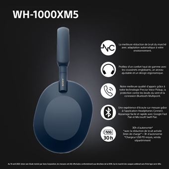 Casque audio sans fil Bluetooth Sony WH1000XM5L.CE7 avec réduction de bruit active Bleu