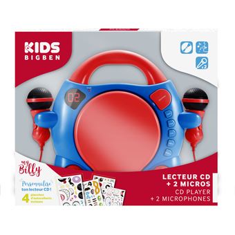 Lecteur CD BigBen personnalisable avec 2 microphones et stickers Bleu et Rouge - 1