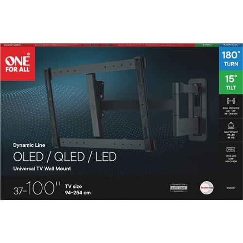 Support Mural TV Dynamic WM5657 Orientable a 180 et Inclinable a 15. Pour TV 37100'''' 94254cm . VESA 600max. A 66762mm du mur. Pour TV max 45kgs. Compatible Curved TV et OLED TV. Niveau a bulle.