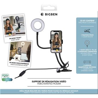 Selfie Ring Light Flexible avec Support Bureau Téléphone, Fixation Pince,  Bigben - Noir