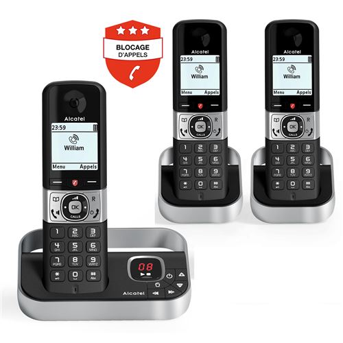 Pack téléphone sans fil Alcatel F890 Voice Trio avec répondeur et fonction Blocage d'appels Noir et Argent