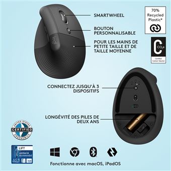 Souris ergonomique verticale sans fil Bluetooth Logitech Souris Logitech Lift Gris graphite