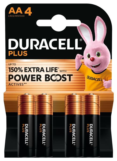 Pack de 4 piles alcalines Duracell Plus MN1500 AA 1,5 V Noir et Orange
