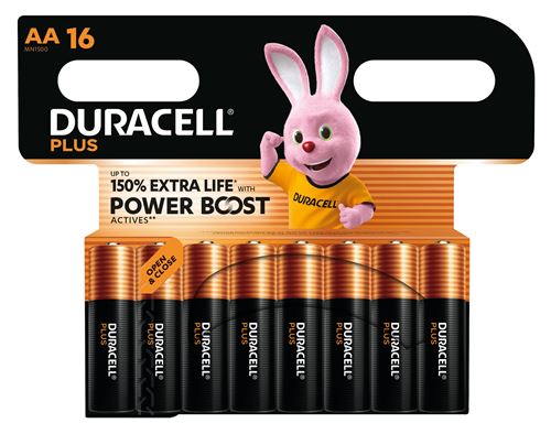 Pack de 16 Piles alcalines type AA Duracell Plus 1,5 V Noir et Orange - Duracell