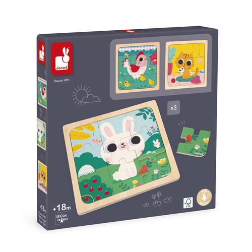 Juratoys Jaune Coffret De Puzzles En Bois : Lapin, Chat Et Poule Pour Enfants - Neuf - Image 3