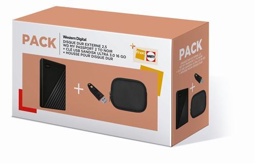 Pack Disque dur externe Western Digital My Passport 2 To + Clé USB 3.0 Sandisk 16 Go + Housse pour disque dur Noir