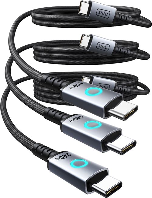 Pack 3 cables usb cc Iniu : 1m + 2m + 2m - vue 2