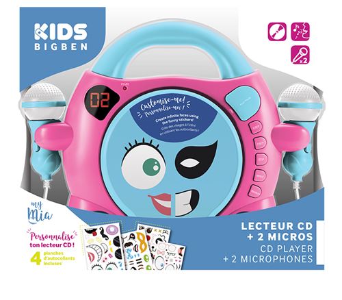Lecteur CD à personnaliser avec 2 micros et stickers BigBen Rose et Bleu clair