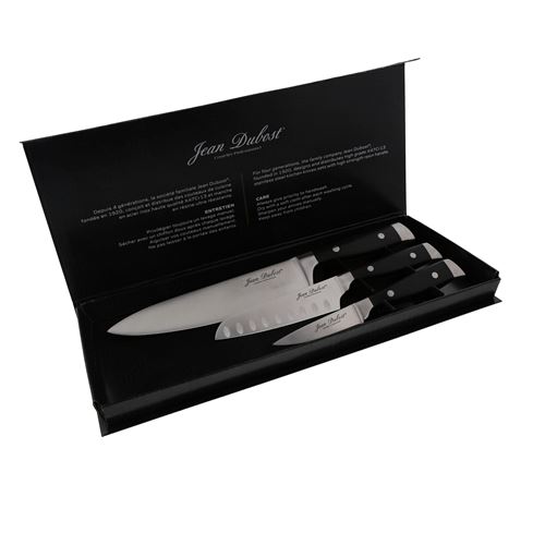 Coffret aimante 3 couteaux MASSIF(office, Santoku 13 cm, Chef)Acier forge de haute qualiteManche POM noirEn coffret aimante