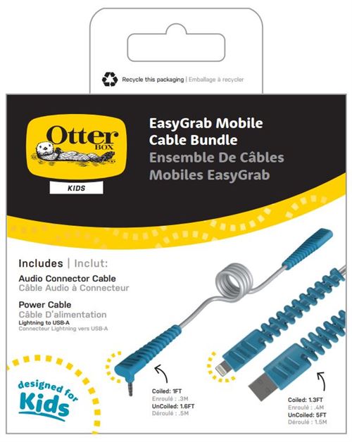 Pack de 2 câbles extensibles USB A vers Lightning OtterBox pour iPhone/iPad/iPod Gris et bleu