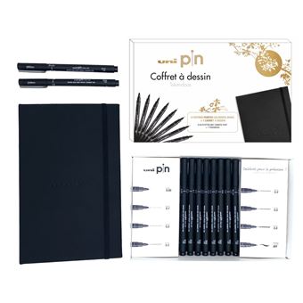 Coffret de 8 feutres uni-PIN ptes ass Noires - Un trace net et precis !Pointe calibree encre Super Ink : pigments inalterables, permanent, resiste a l''eau et a la lumiere. Precision du trait + 1 carnet a dessin logote uni-PIN