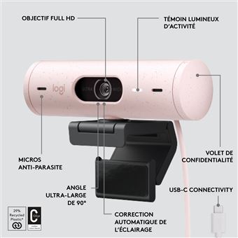 Logitech Brio 500 Webcam HD avec Deux Micros a Reduction de Bruit - Rose