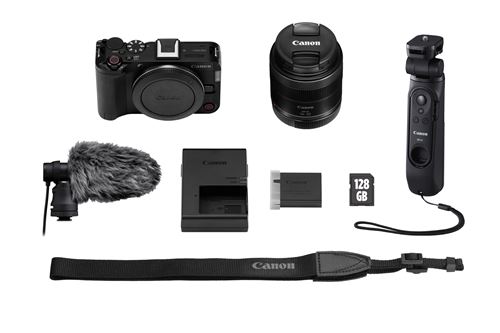 Appareil photo hybride Canon EOS R50 V Noir + Optique RF-S 14-30mm pour Système EOS R + Poignée-Trépied HG-100TBR + Microphone DM-E100 + Carte SD 128 Go