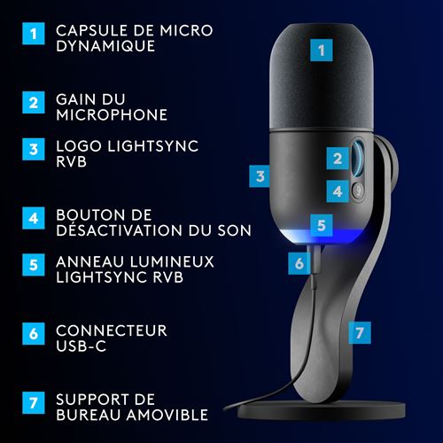 Microphone gaming Logitech G Yeti GX RVB dynamique avec Lightsync Noir -  Microphone
